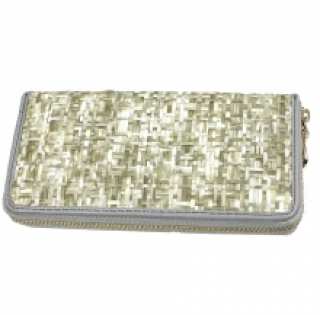 Portefeuille tressé en paille et cuir