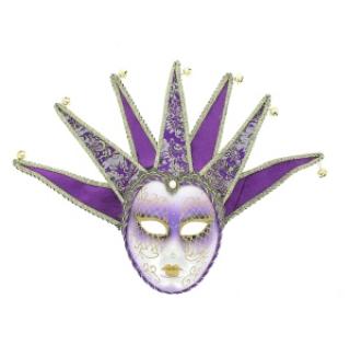 Masque vénitien joker violet avec volutes dorées et clochettes