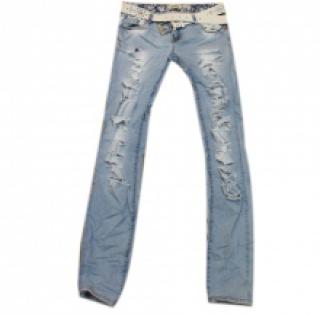 Pantalon jeans délavé avec déchirure et ceinture