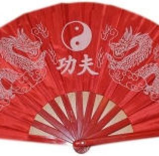 Éventail Yin Yang rouge avec motif dragon